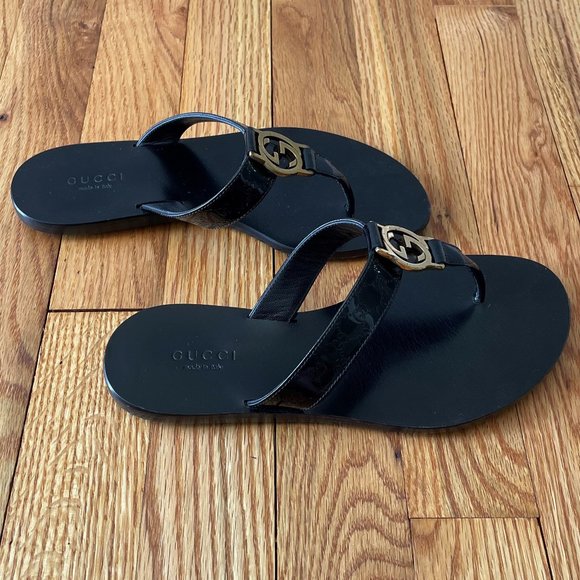 Gucci Black Vernice Crystal Thong Sandal Size 34.5 - Picture 5 of 11
